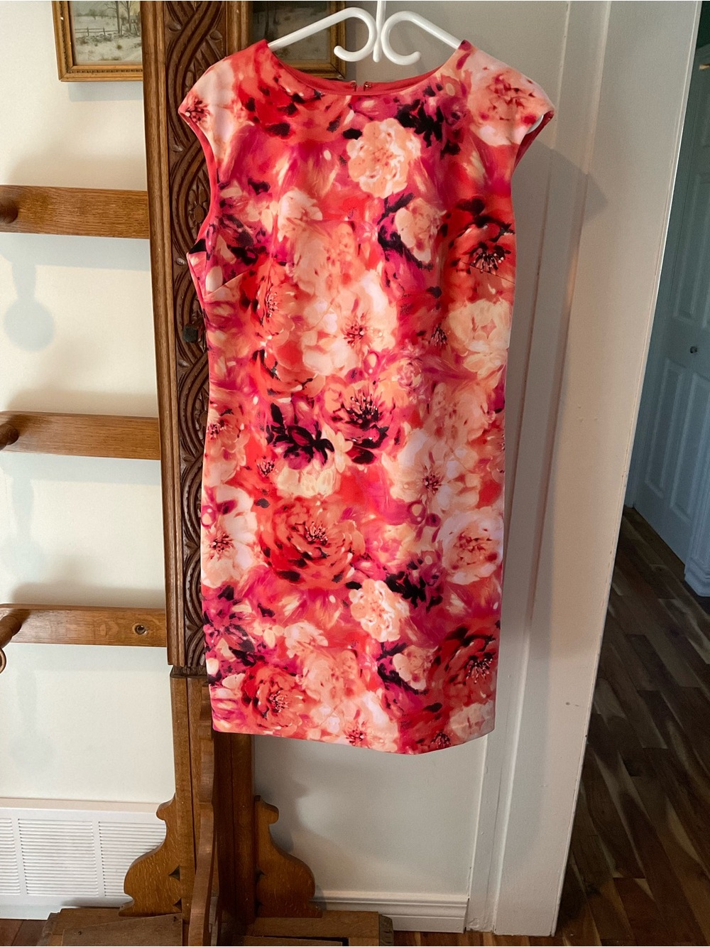 Chaps Floral Sheath Midi Dress in Coral and Pink